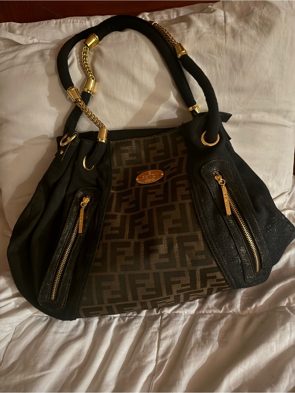 Fendi Brown & Black FF Logo Chain-Handle Shoulder Bag